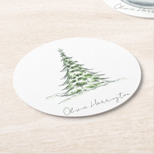 Sketch Pine Christmas Tree Minimaler Skriptname Runder Pappuntersetzer (Angewinkelt)