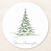 Sketch Pine Christmas Tree Minimaler Skriptname Runder Pappuntersetzer (Vorderseite)