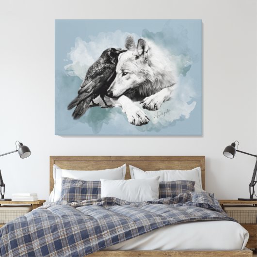 Sketch Schwarz und Weiß Wolf und Crow Leinwanddruck (Insitu (Schlafzimmer))