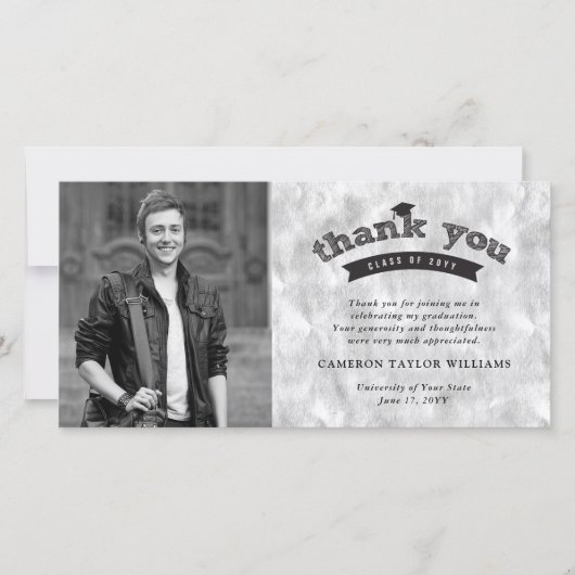 Sketch Typografie auf Silver ddGraduation Cap-Foto Dankeskarte (Vorderseite)