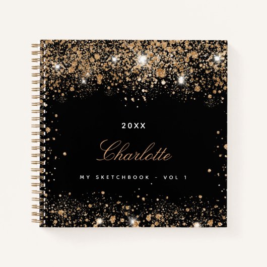 Sketchbook Black Gold Glitzer Namenskript Notizblock (Vorderseite)
