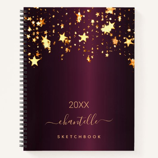 Sketchbook bordeauxrot goldene Sterne Monogrammnam Notizblock (Vorderseite)