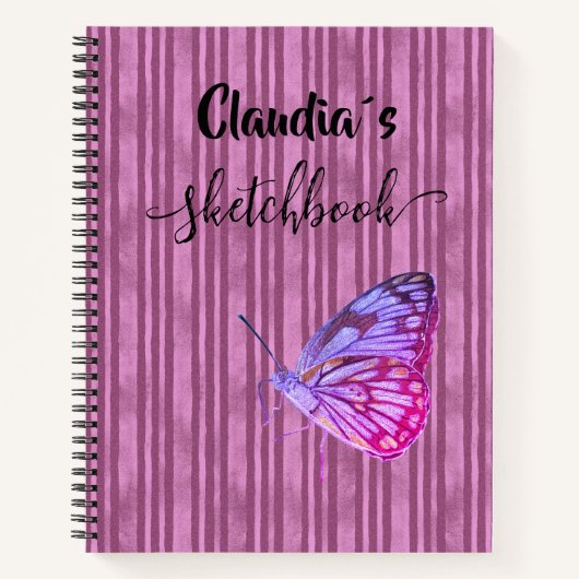 Sketchbook butterfly on pink stripes add name notizblock (Vorderseite)