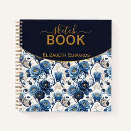 Sketchbook Elegante Rosas Azules y Oro Personaliza Notizblock