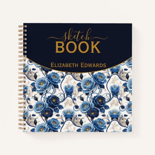 Sketchbook Elegante Rosas Azules y Oro Personaliza Notizblock (Vorderseite)