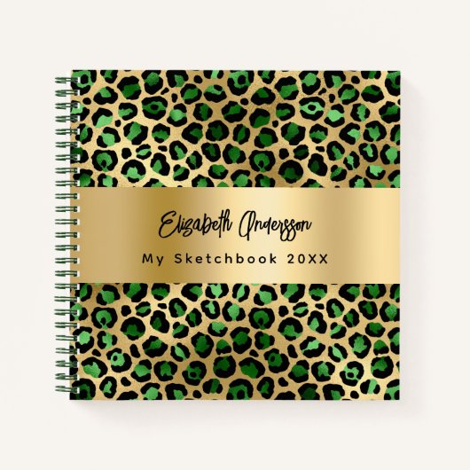 Sketchbook leopard Muster Smaragdgrün Gold Notizblock (Vorderseite)