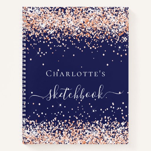 Sketchbook Marine Blue Rose Goldname Skript Notizblock (Vorderseite)
