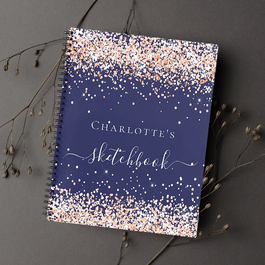 Sketchbook Marine Blue Rose Goldname Skript Notizblock