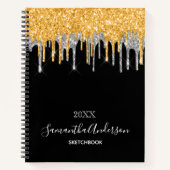 Sketchbook monogramm schwarzer gold silber Glitzer Notizblock (Vorderseite)