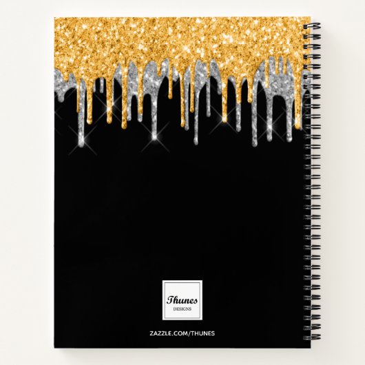 Sketchbook monogramm schwarzer gold silber Glitzer Notizblock (Rückseite)