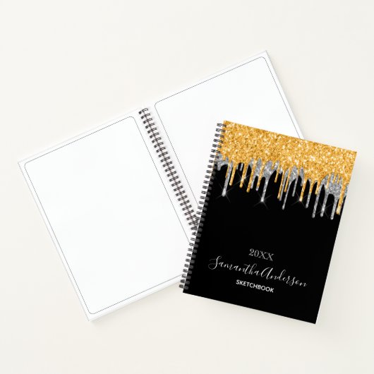 Sketchbook monogramm schwarzer gold silber Glitzer Notizblock (Innenseite)
