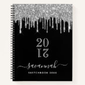 Sketchbook Monogramm schwarzer Silber Glitzer Jahr Notizblock (Vorderseite)