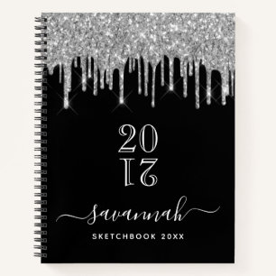 Sketchbook Monogramm schwarzer Silber Glitzer Jahr Notizblock