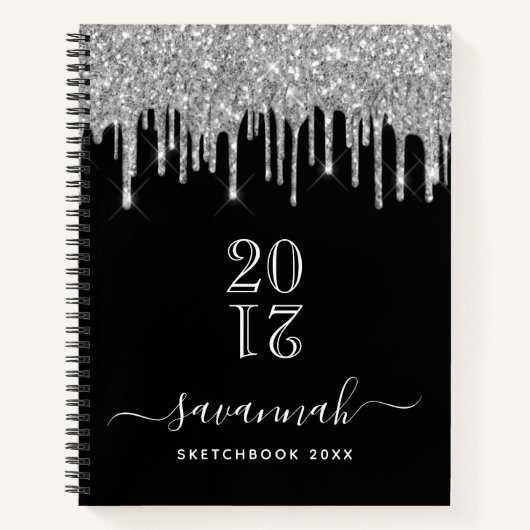 Sketchbook Monogramm schwarzer Silber Glitzer Jahr Notizblock (Vorderseite)