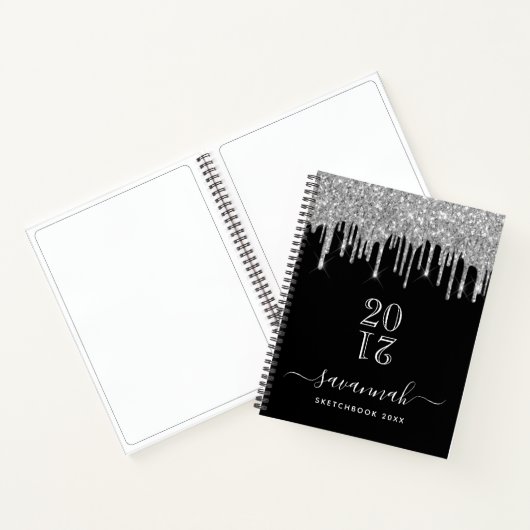 Sketchbook Monogramm schwarzer Silber Glitzer Jahr Notizblock (Innenseite)
