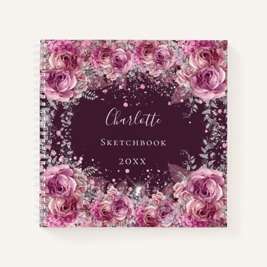 Sketchbook Rosa bordeauxrote Blume Glitzer Notizblock (Vorderseite)