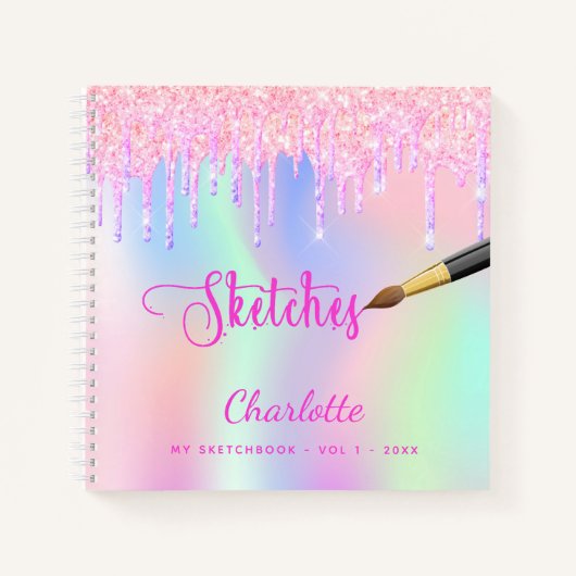 Sketchbook Rosa lila Glitzer Tropfen holografisch Notizblock (Vorderseite)