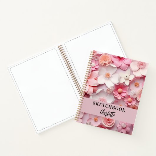 Sketchbook Rosa weiße Blume Namenskript Notizblock (Innenseite)
