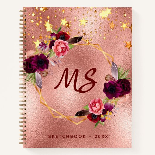 Sketchbook Rose Gold Blume Bordeaux Monogramm Notizblock (Vorderseite)