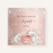 Sketchbook Rose Gold Blume Silber Glitzern Notizblock (Vorderseite)