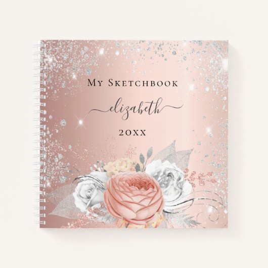 Sketchbook Rose Gold Blume Silber Glitzern Notizblock (Vorderseite)