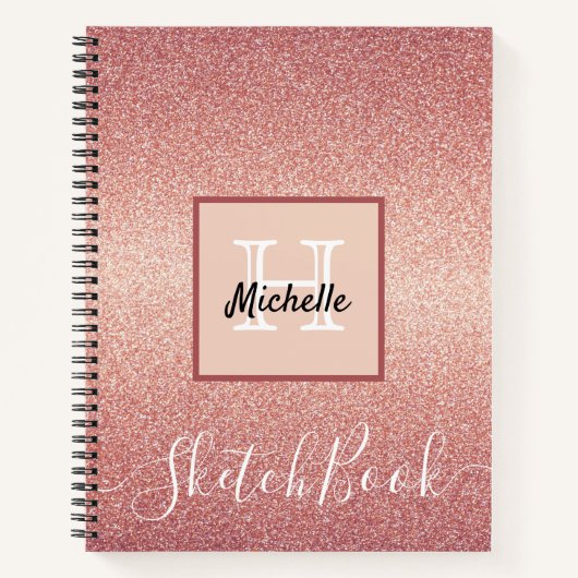 Sketchbook Rose Gold Glitzer Monogramm Notizblock (Vorderseite)