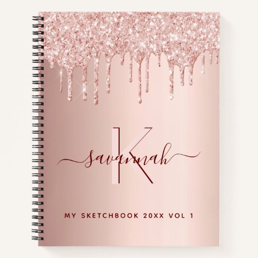 Sketchbook Rose Gold Glitzer Rosa Monogramm-Skript Notizblock (Vorderseite)