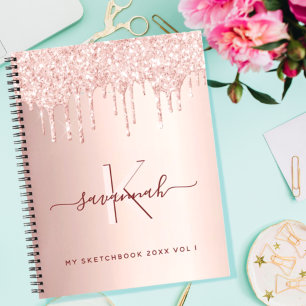 Sketchbook Rose Gold Glitzer Rosa Monogramm-Skript Notizblock