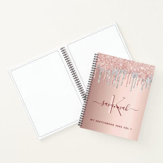 Sketchbook Rose Gold Glitzer Silber rosa Monogramm Notizblock (Innenseite)