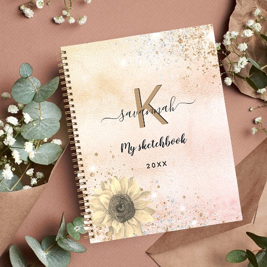 Sketchbook Rose Gold Glitzer Sonnenblumenmonogramm Notizblock