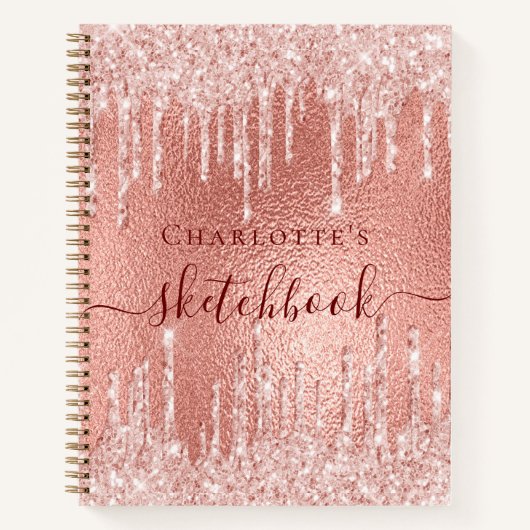 Sketchbook Rose Gold Glitzer Tropfen Monogramm Notizblock (Vorderseite)