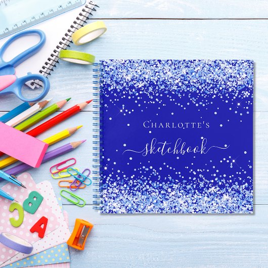 Sketchbook Royblau-Glitzer-Namensskript Notizblock