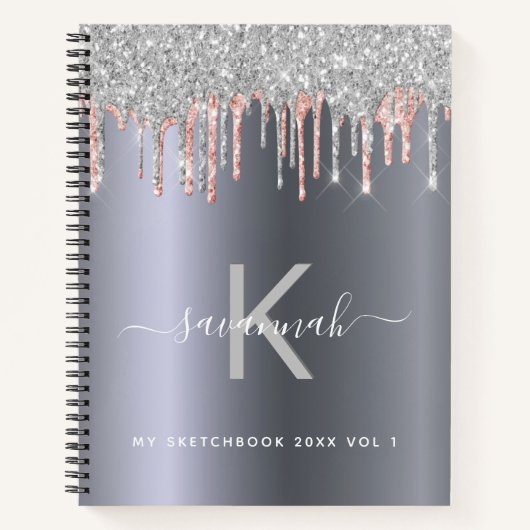 Sketchbook Silber Rose Gold Glitzer Monogramm Notizblock (Vorderseite)