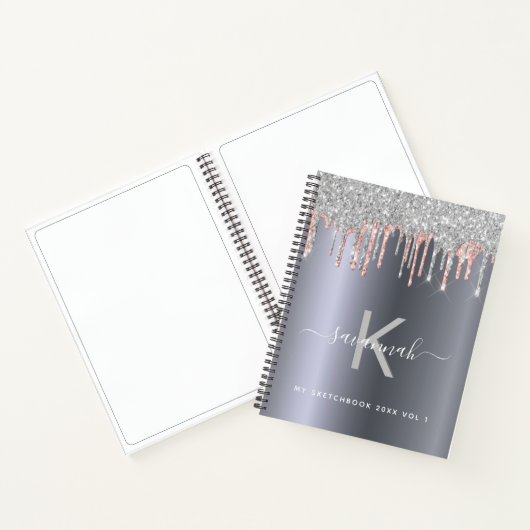 Sketchbook Silber Rose Gold Glitzer Monogramm Notizblock (Innenseite)