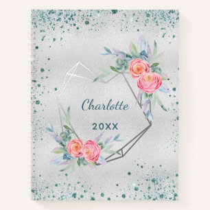 Sketchbook silver florals green glitter dust name notizblock