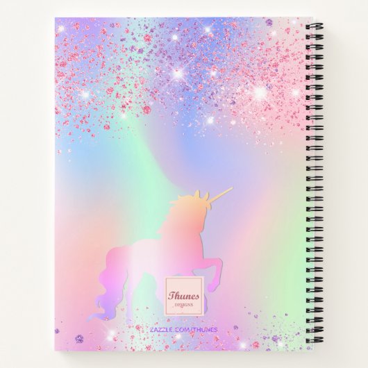 Sketchbook unicorn Glitzer rosa irisierter Name Notizblock (Rückseite)