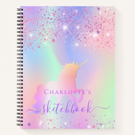 Sketchbook unicorn Glitzer rosa irisierter Name Notizblock (Vorderseite)