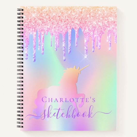 Sketchbook unicorn Glitzer rosa irisierter Name Notizblock (Vorderseite)