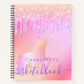 Sketchbook unicorn Glitzer rosa irisierter Name Notizblock (Vorderseite)