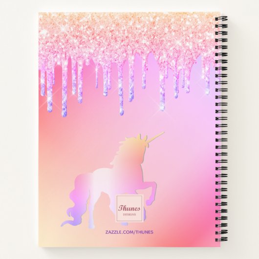 Sketchbook unicorn Glitzer rosa irisierter Name Notizblock (Rückseite)