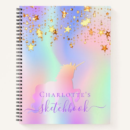 Sketchbook unicorn rosa goldene Sterne irisierende Notizblock (Vorderseite)