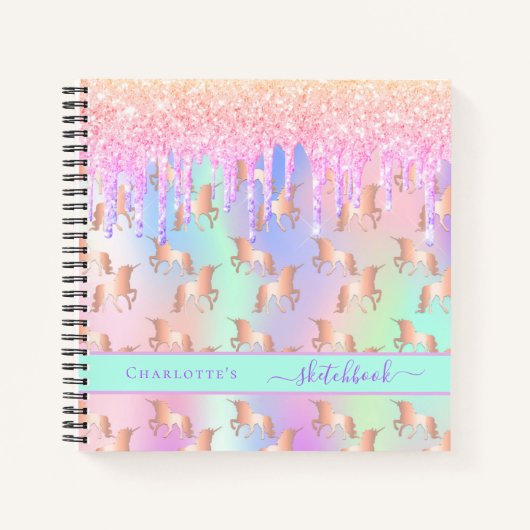 Sketchbook unicorn rosa holografisches Mädchen Notizblock (Vorderseite)