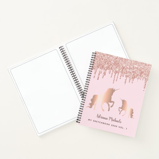 Sketchbook unicorn Rose Gold Glitzer Tropfen Name Notizblock (Innenseite)