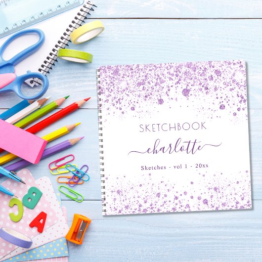 Sketchbook violett-Glitzer-Namensschrift Notizblock