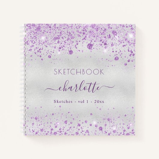 Sketchbook violett silber Glitzer Namensskript Notizblock (Vorderseite)