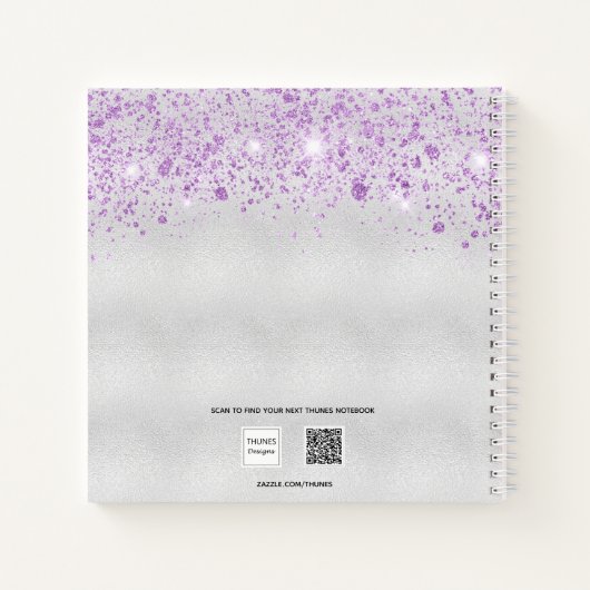 Sketchbook violett silber Glitzer Namensskript Notizblock (Rückseite)