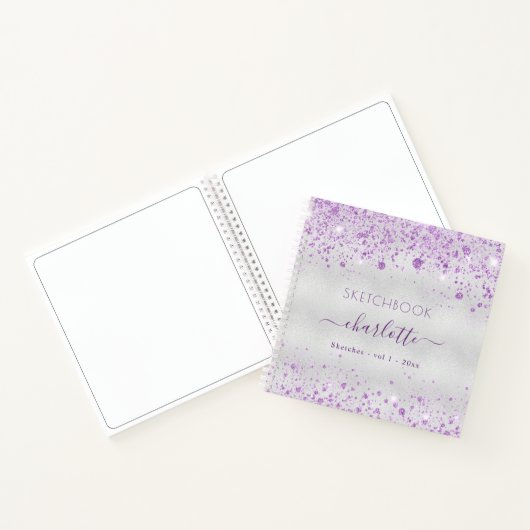 Sketchbook violett silber Glitzer Namensskript Notizblock (Innenseite)