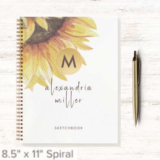 Sketchbook Watercolor Sonnenblumenmonogramm Notizblock