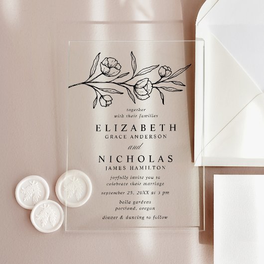 Sketched Black Floral Wedding Acryleinladungen