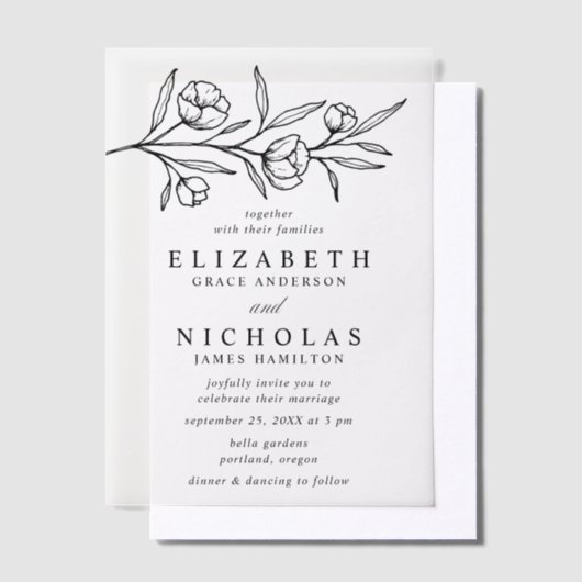 Sketched Black Floral Wedding Pergament Einladungen (Versetzt)